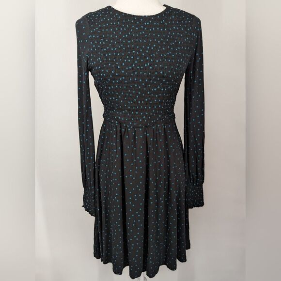 Boden Black Green Polka Dot Long Sleeve Smock Bodice A-Line Knee Length Dress 6 - Picture 1 of 5